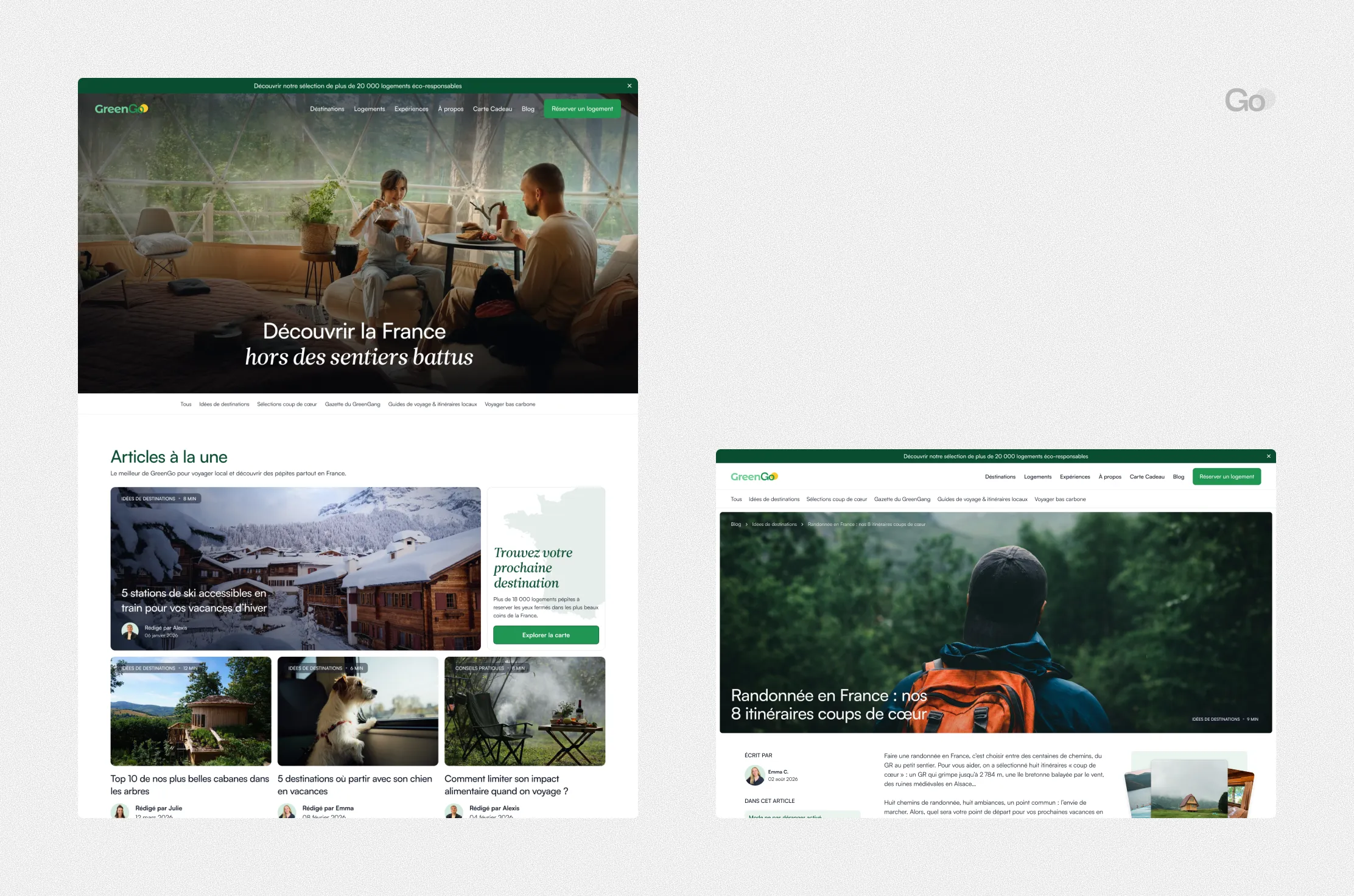 Interfaces du blog GreenGo avec la page d’accueil et une page article