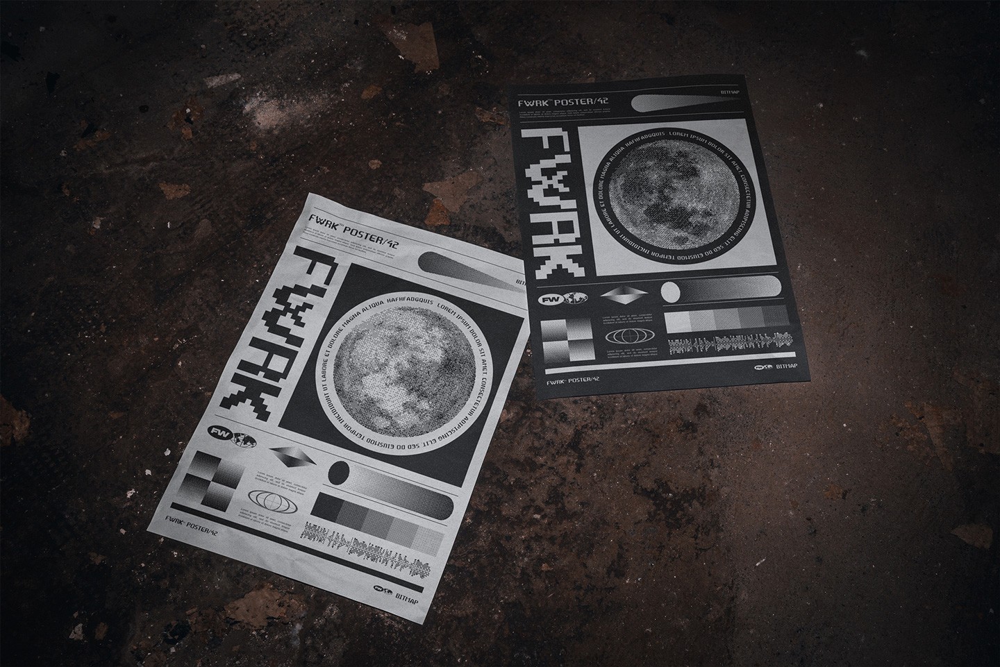 Basement A3 poster mockup displaying graphic poster designs on dusty floor