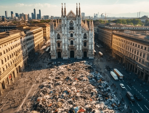 AI-generated image of Piazza Duomo, MIlano, filled with clothes, representing the amount of textile waste dumped each month in Accra, Ghana by the West