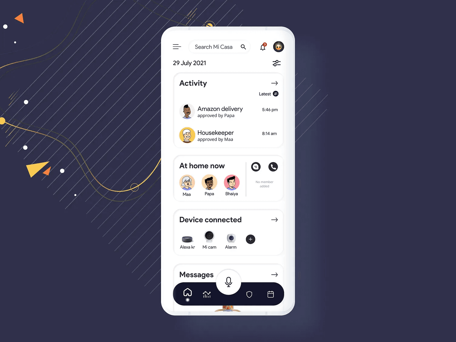 The image shows a smartphone displaying a home automation app interface, featuring sections labeled "Activity," "At home now," and "Device connected," against a dark blue background with abstract golden line accents.
