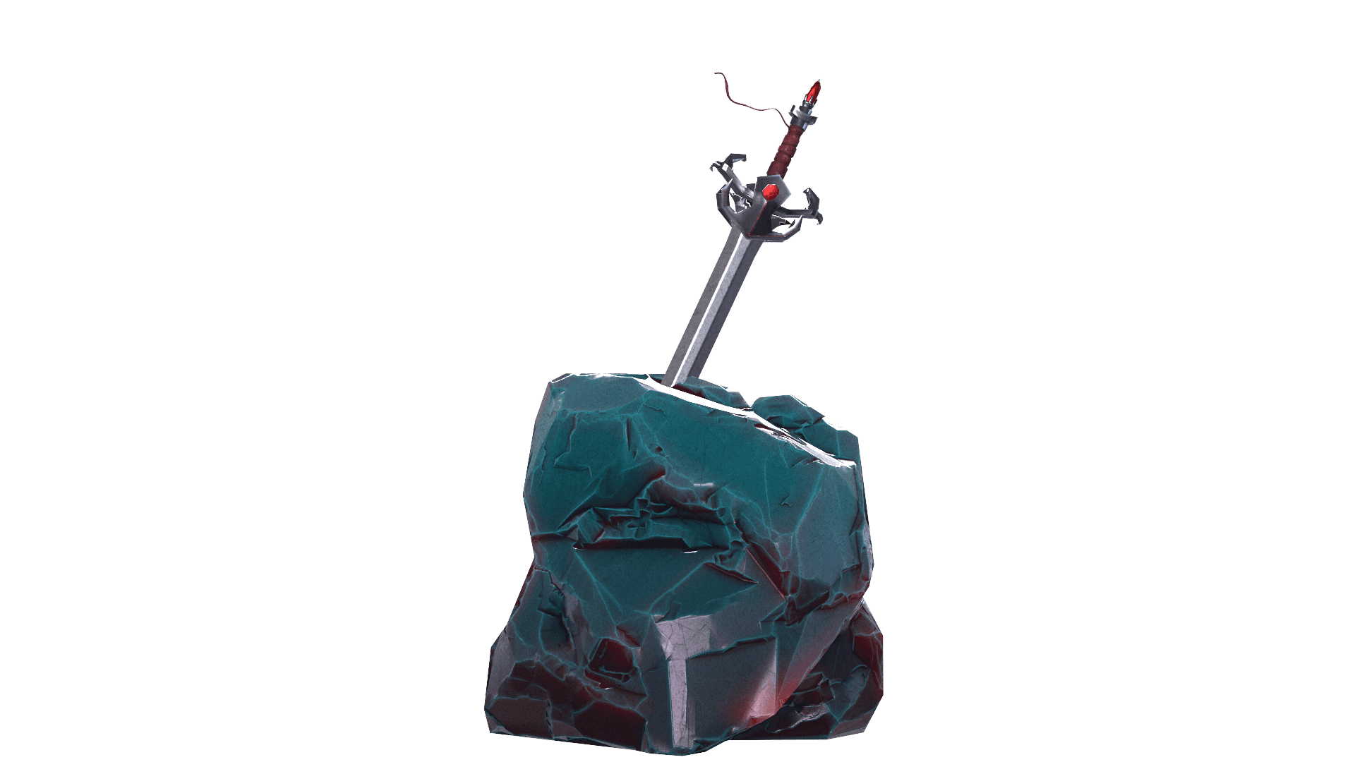 Stylizowany model 3D miecza wbitego w skałę z czerwonymi detalami wykonany jako element scenografii do animacji motion