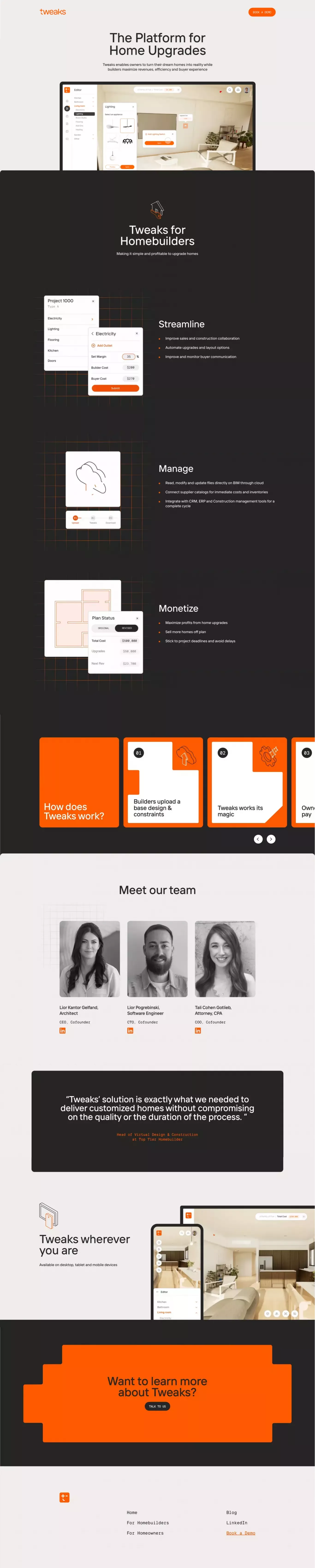 Tweaks - The Platform for Home Upgrades landing page screenshot showcasing Tech and Architecture design