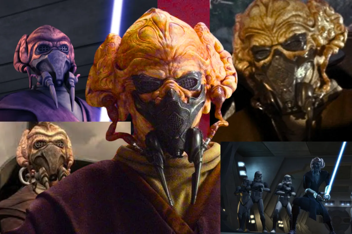  A collage of Jedi Master Plo Koon across various Star Wars media, including live-action, animation, and video games. The central image highlights his distinctive breathing mask and Kel Dor features, while surrounding images showcase him in battle, piloting a starfighter, and leading clone troopers. The compilation reflects his legacy in The Clone Wars, the Prequel Trilogy, and extended Star Wars lore.