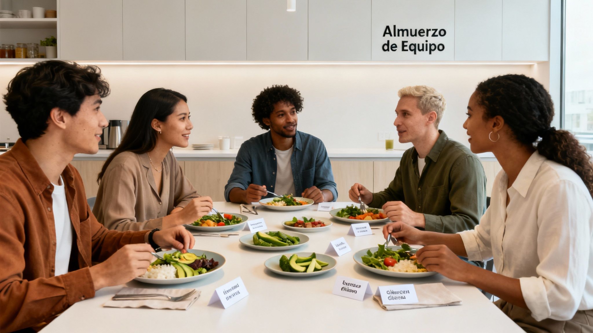 Grupo de compañeros de trabajo sonriendo y conversando durante un almuerzo de equipo saludable.