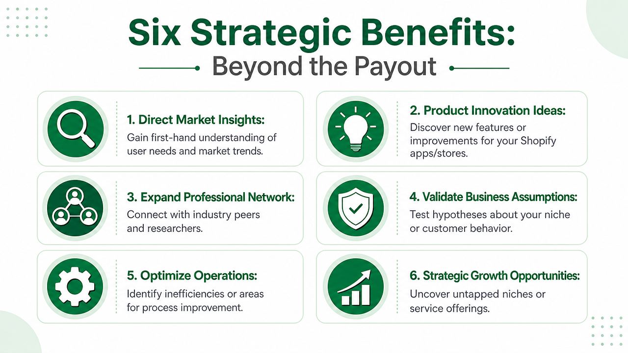 An infographic detailing six strategic benefits of participating in paid research for Shopify business growth.