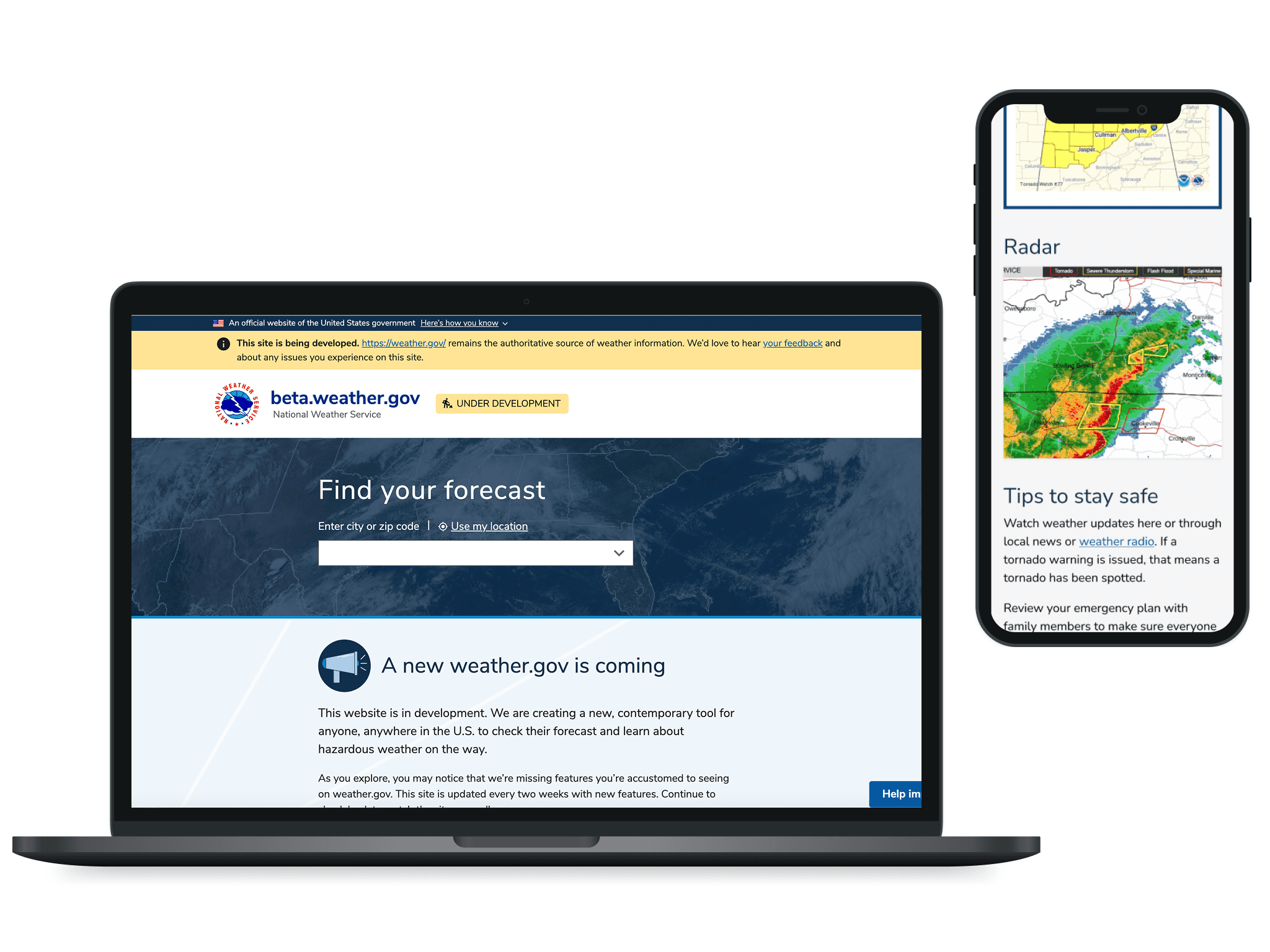 beta.weather.gov homepage on a laptop display