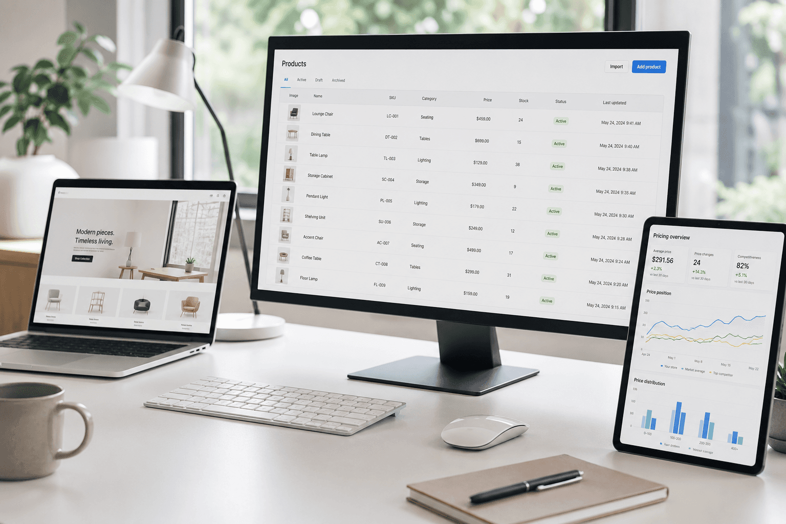 E-commerce web scraping workflow: an online store on a monitor, extracted product data in a spreadsheet, and a pricing analytics dashboard