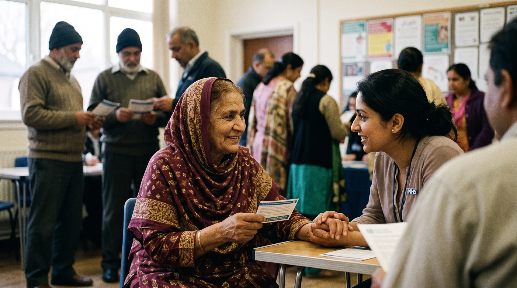 NHS advisor comforting elderly woman holding hepatitis C leaflet at community event - IPA award winning campaign