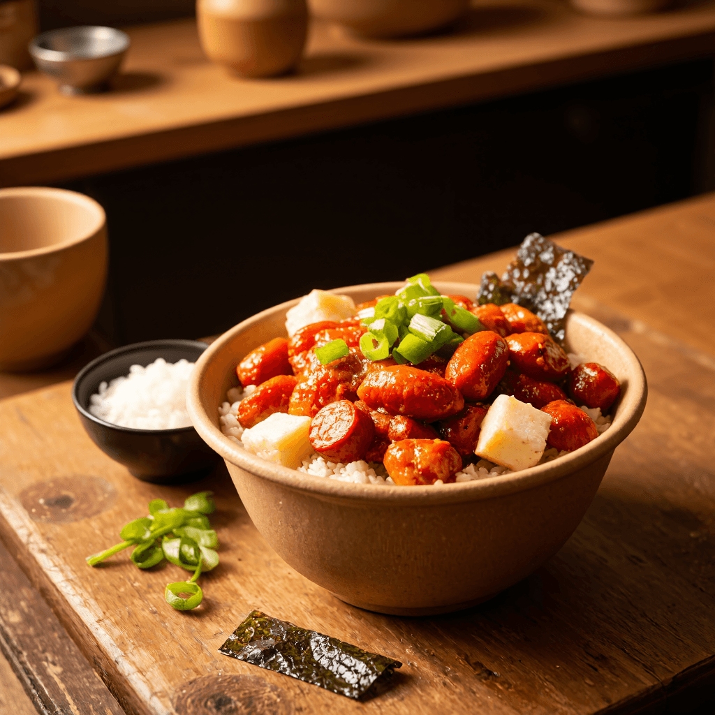 product photography of a food container with spicy chicken, rice, and side dishes