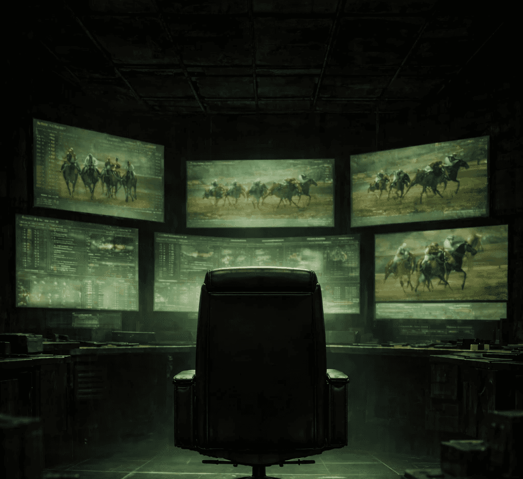 A control-room style setup with multiple screens displaying horse racing and data, illustrating how Anonymous Tips analyses racing markets