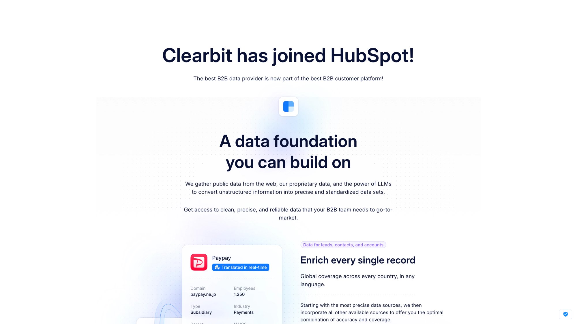 Clearbit homepage showing their B2B data platform now part of HubSpot with data foundation messaging