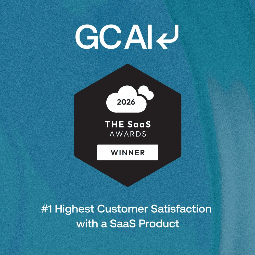 GC AI logo above a black hexagon badge reading '2026 THE SaaS Awards WINNER,' with text below stating '#1 Highest Customer Satisfaction with a SaaS Product,' on a teal gradient background.
