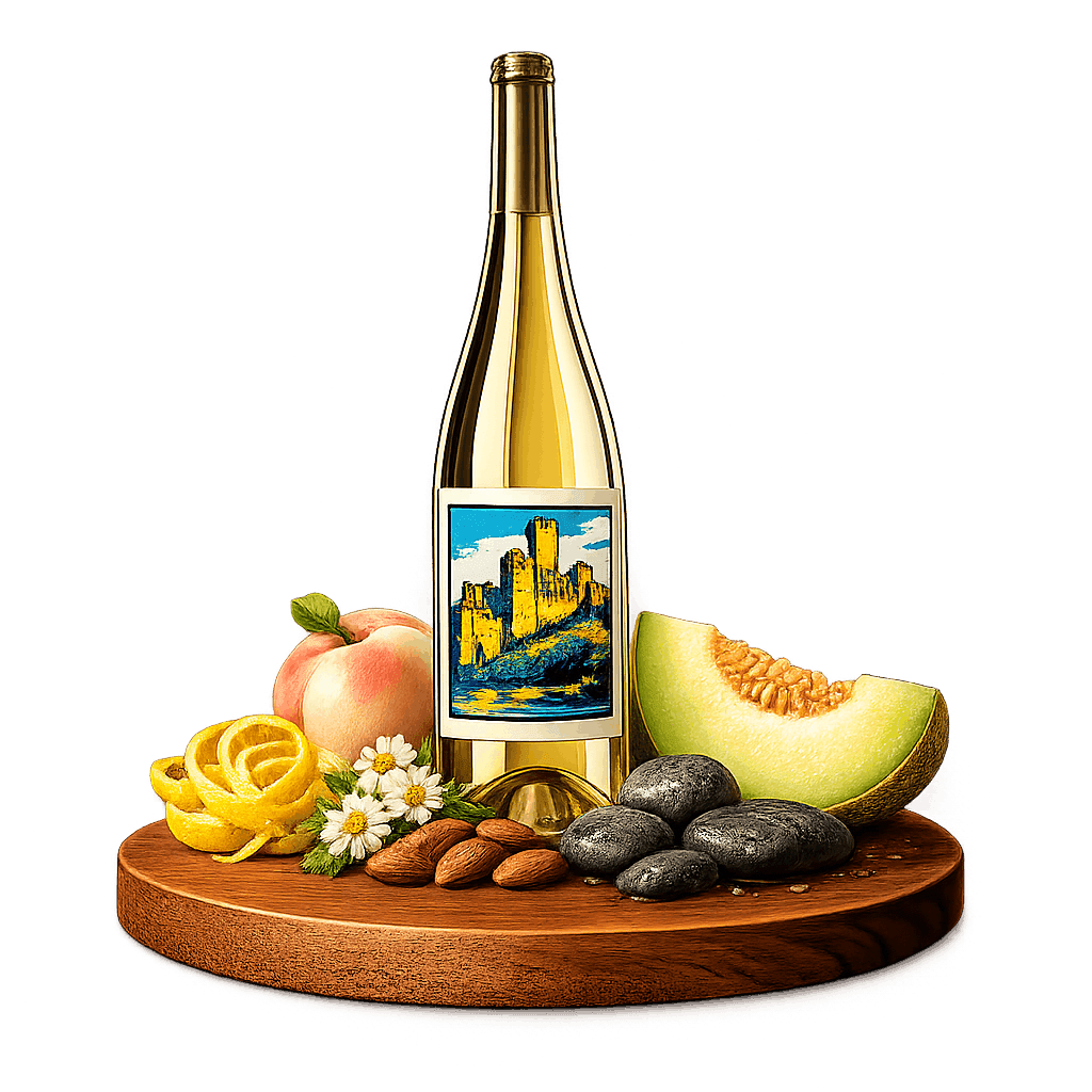 Artistic label and flavor profile for Veneto Soave White on a rustic wooden table.