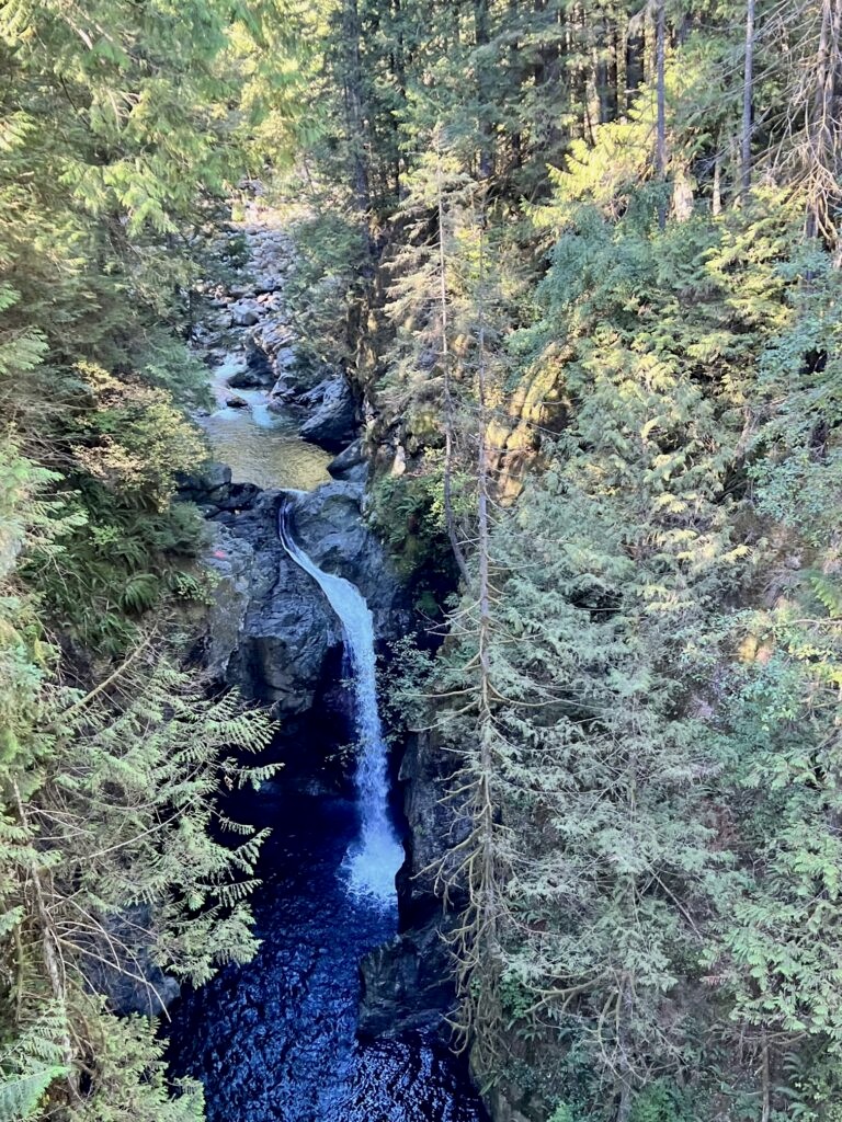 The Lynn Canyon waterfall as photographed from the suspension bridge
