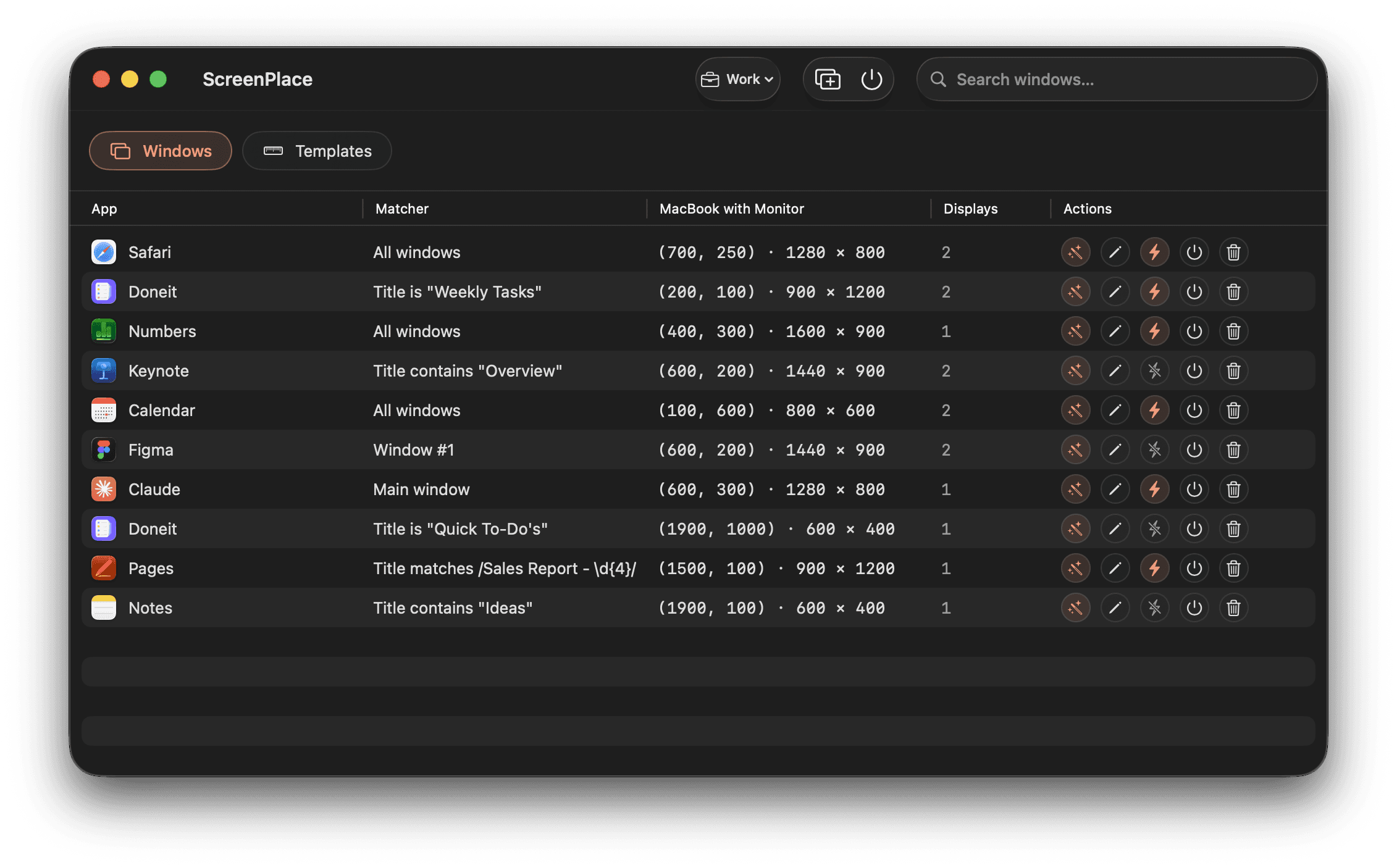 Windows in ScreenPlace app