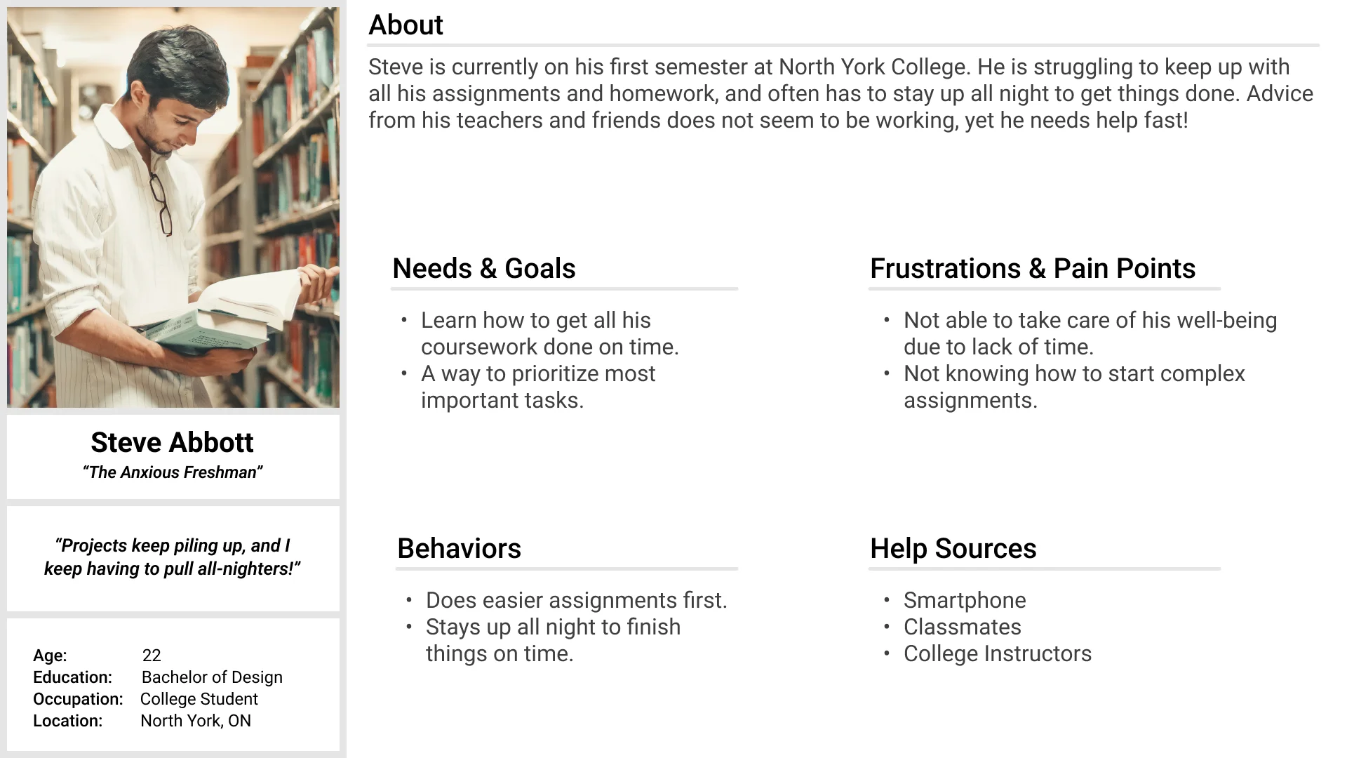 User persona. Featuring an anxious college student who struggles with time management and requires an app to assist him.