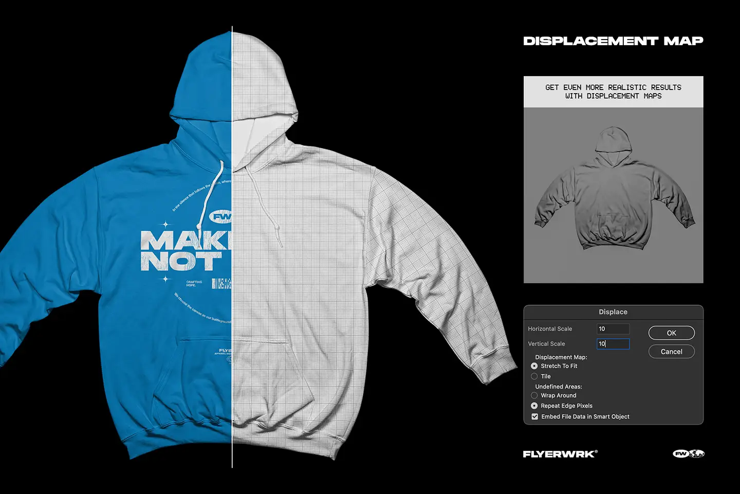 Gildan 18500 Hoodie Wide Arms mockup displacement map for realistic print effects