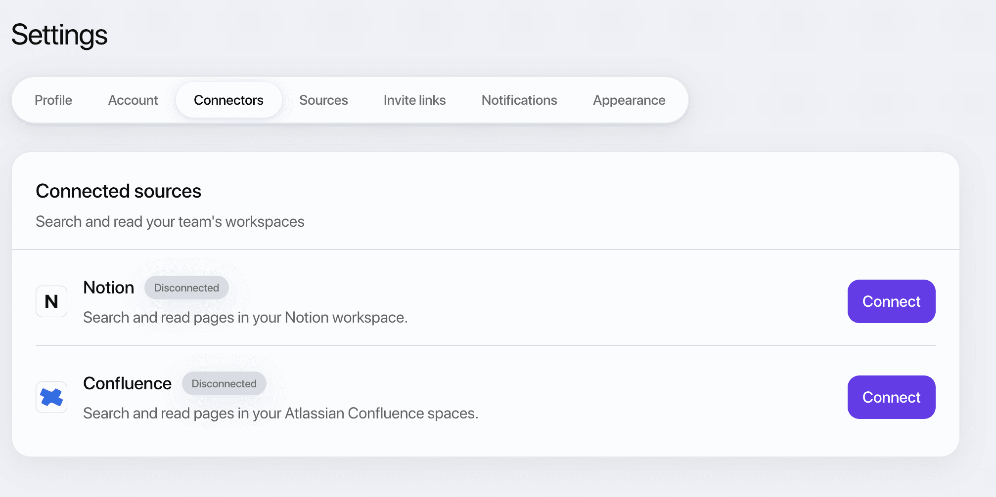 The Connectors tab in Re-skill Settings, listing Notion and Confluence with a Connect button beside each.