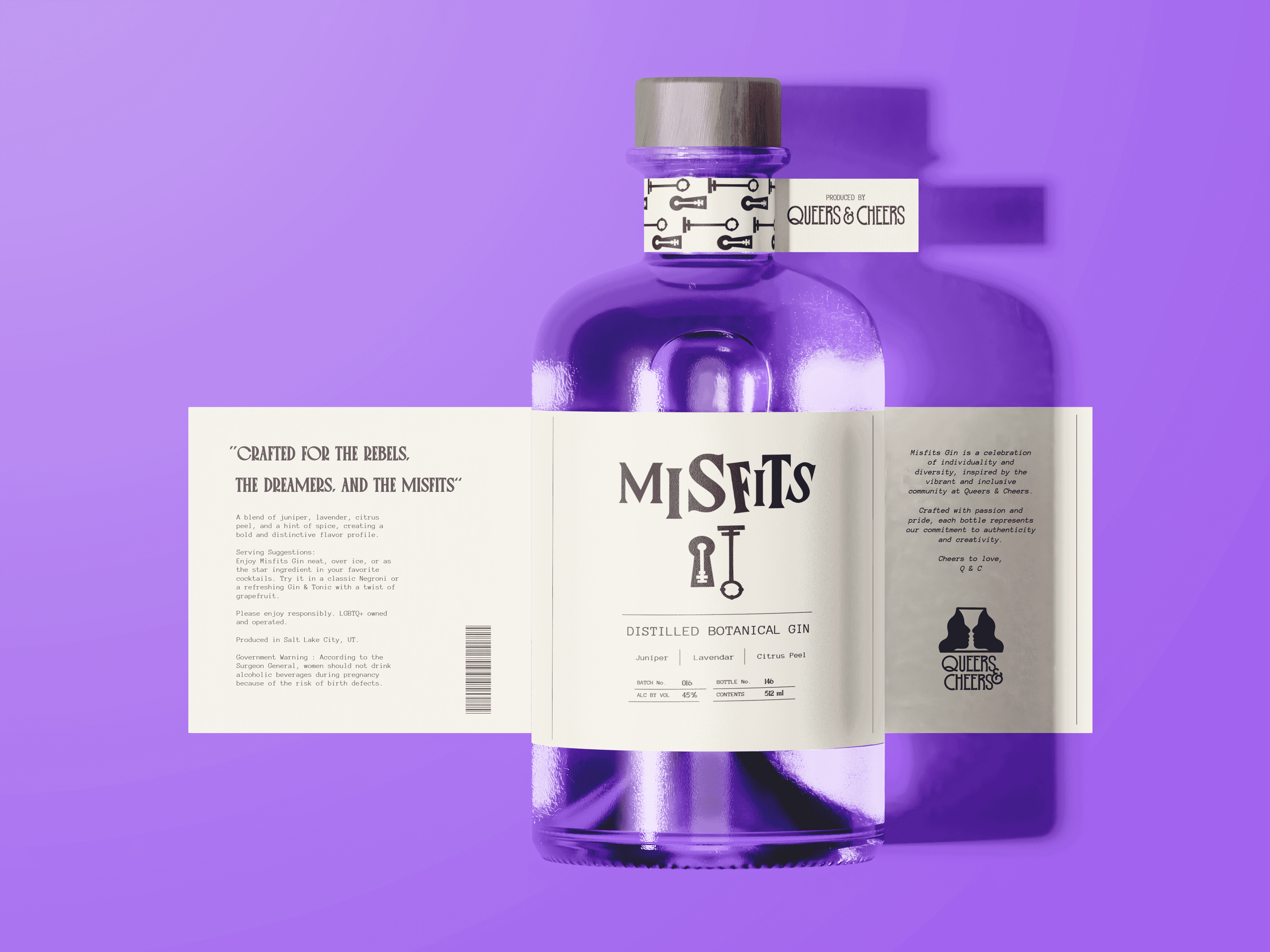Purple gin bottle with "Misfits" label on purple background.