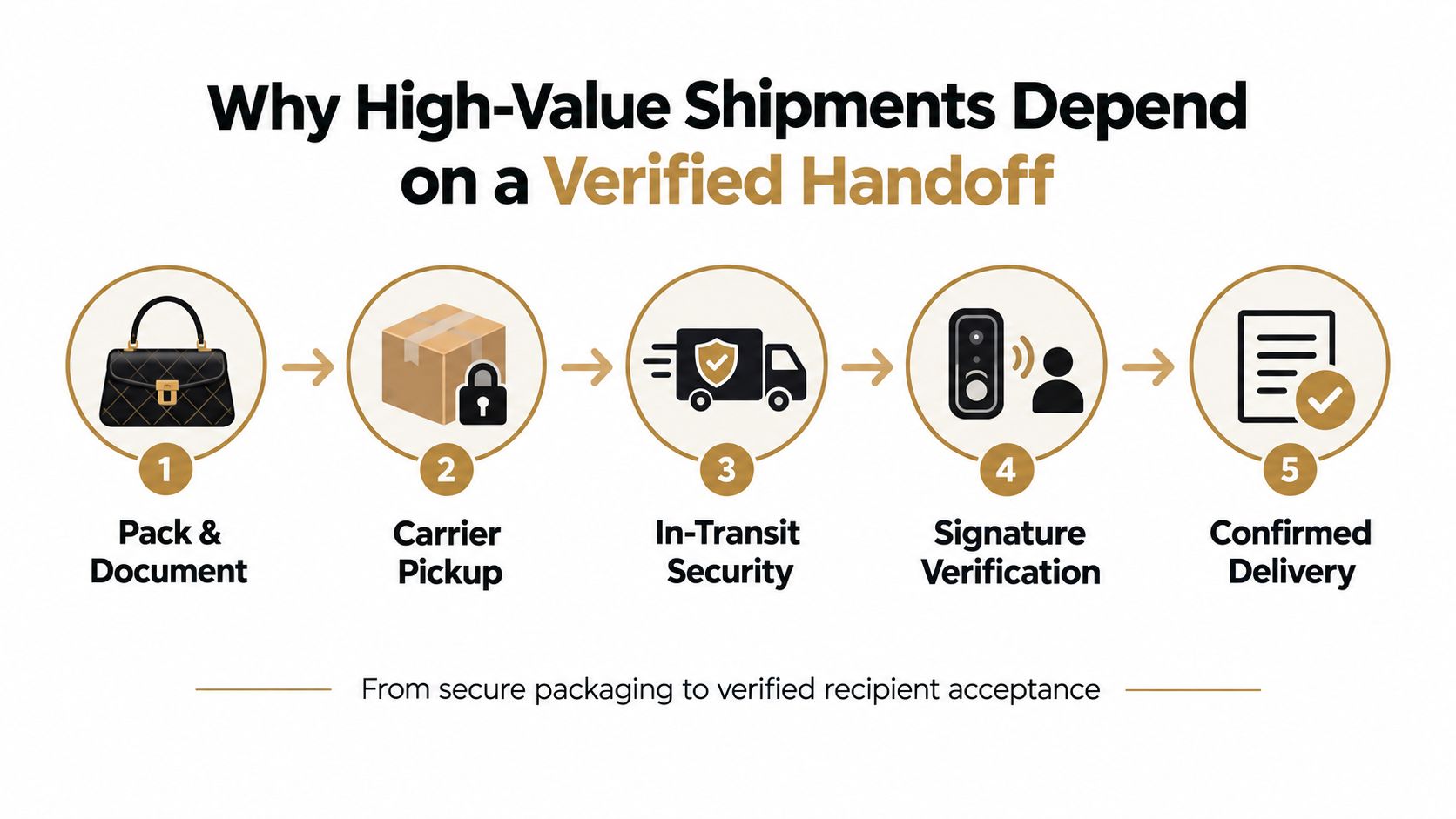 A diagram illustrating the five-step secure shipment process for high-value items, starting from packing to delivery confirmation.