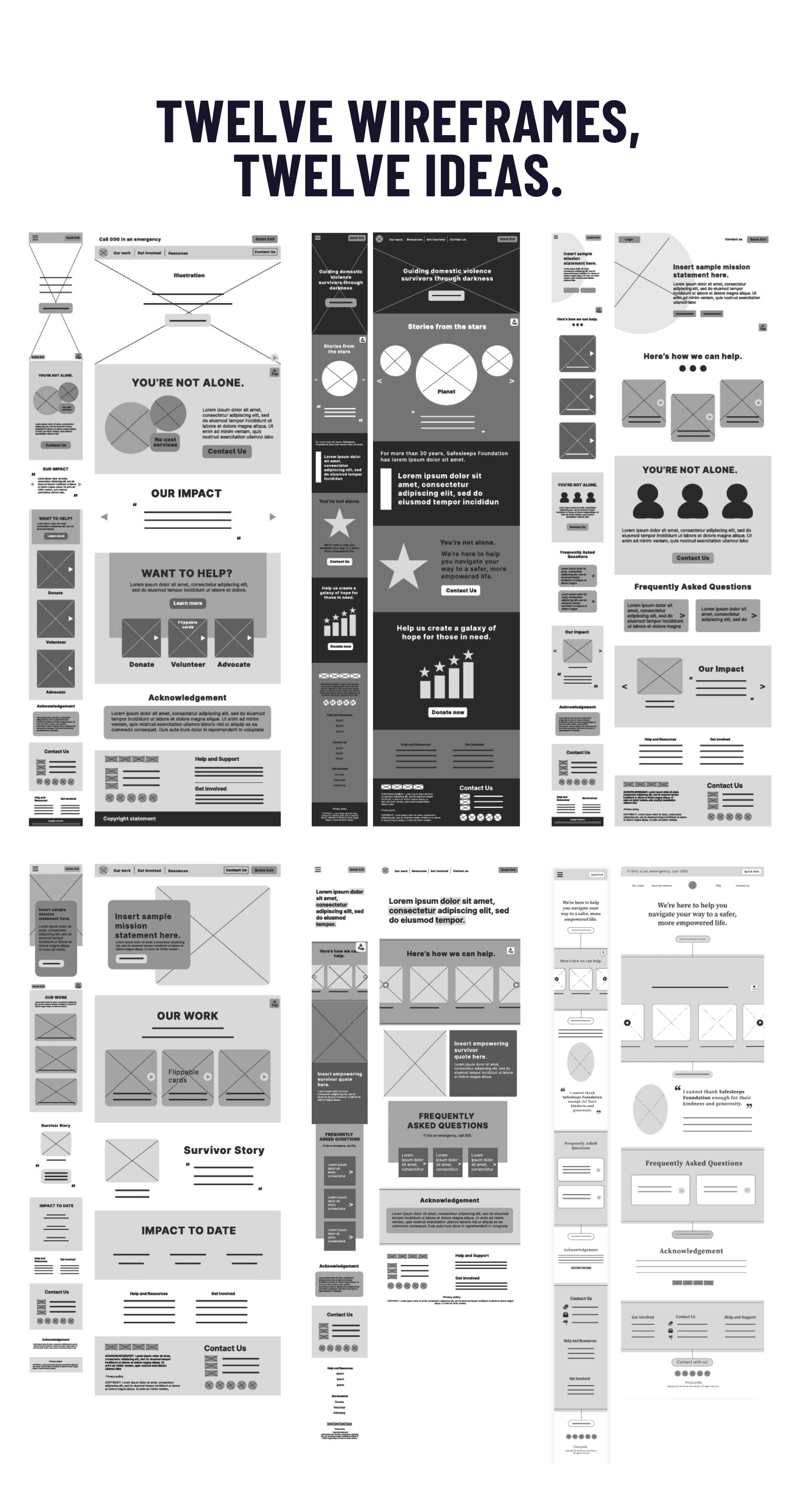 Twelve wireframe ideas for Safesleep Foundation website