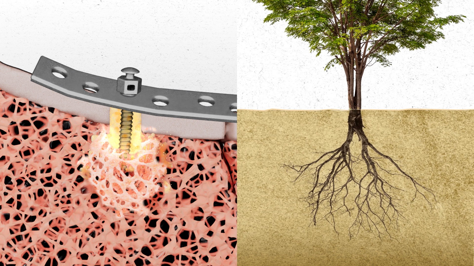 The picture is split to the left and right. The picture of tree roots growing on the right is a metaphor for bone coagulation to help the bone firmly grasp the bone implant.