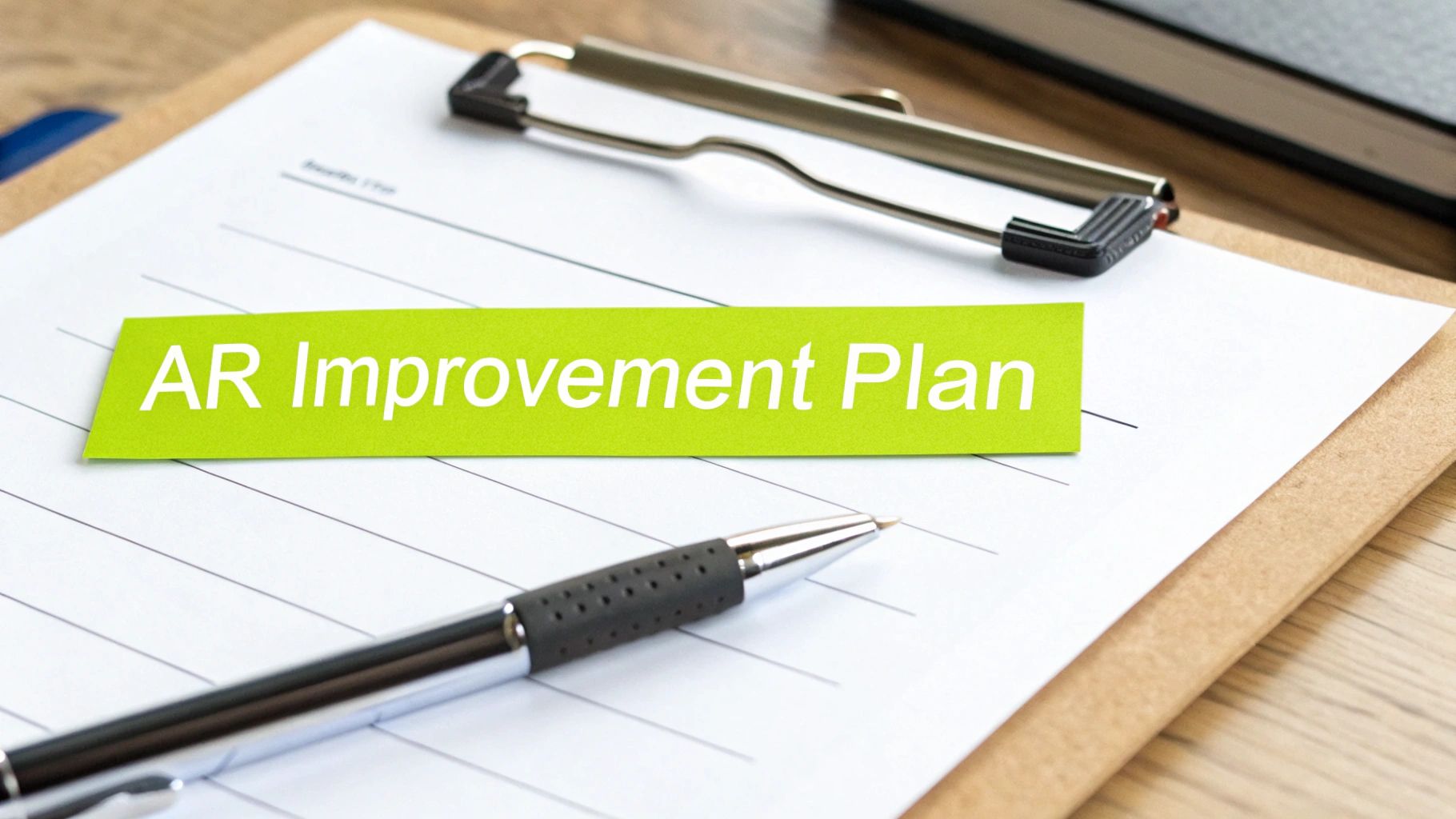 A green sticky note with 'AR Improvement Plan' text on a clipboard with a pen.