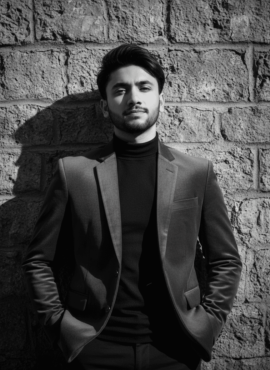 man in black suit jacket holding brown leather bag