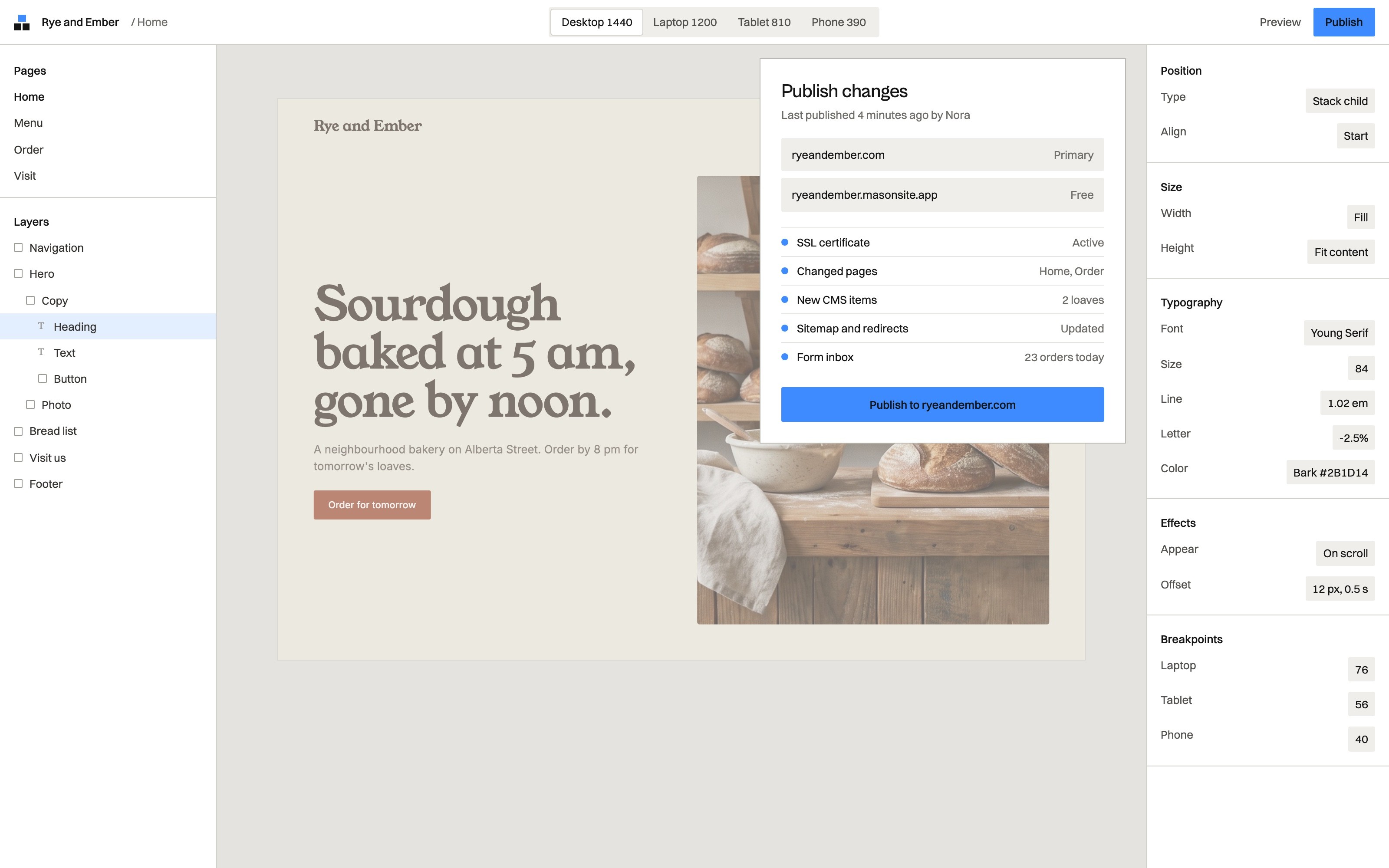 Mason publish panel with the custom domain, SSL status and changed pages