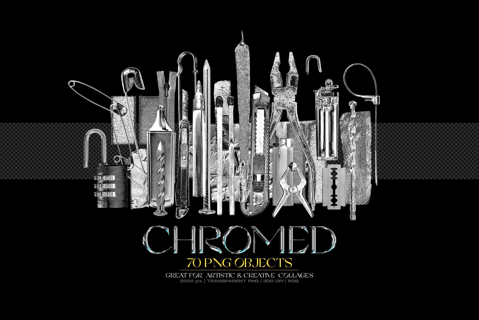 Chromatic Toolkit selection of seventy photo based metal cut outs like razors pliers and chains
