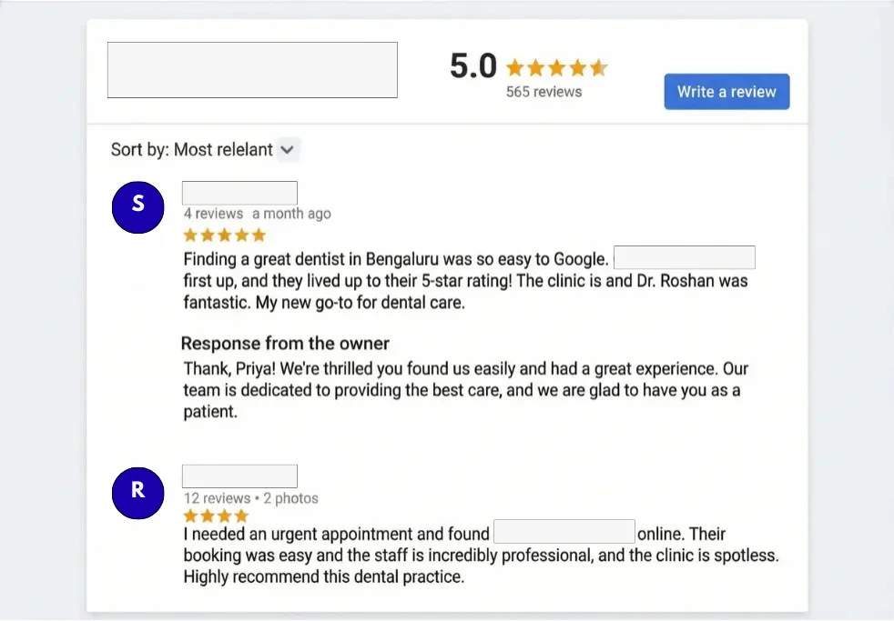 Orion Dental Studio Google Reviews section showing 5.0 star rating from 565 reviews with positive patient testimonials and professional owner responses demonstrating effective reputation management and local trust building