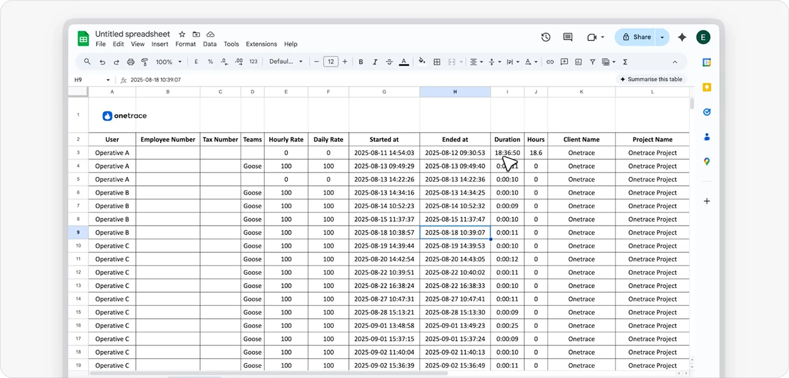 onetrace-spreadsheets