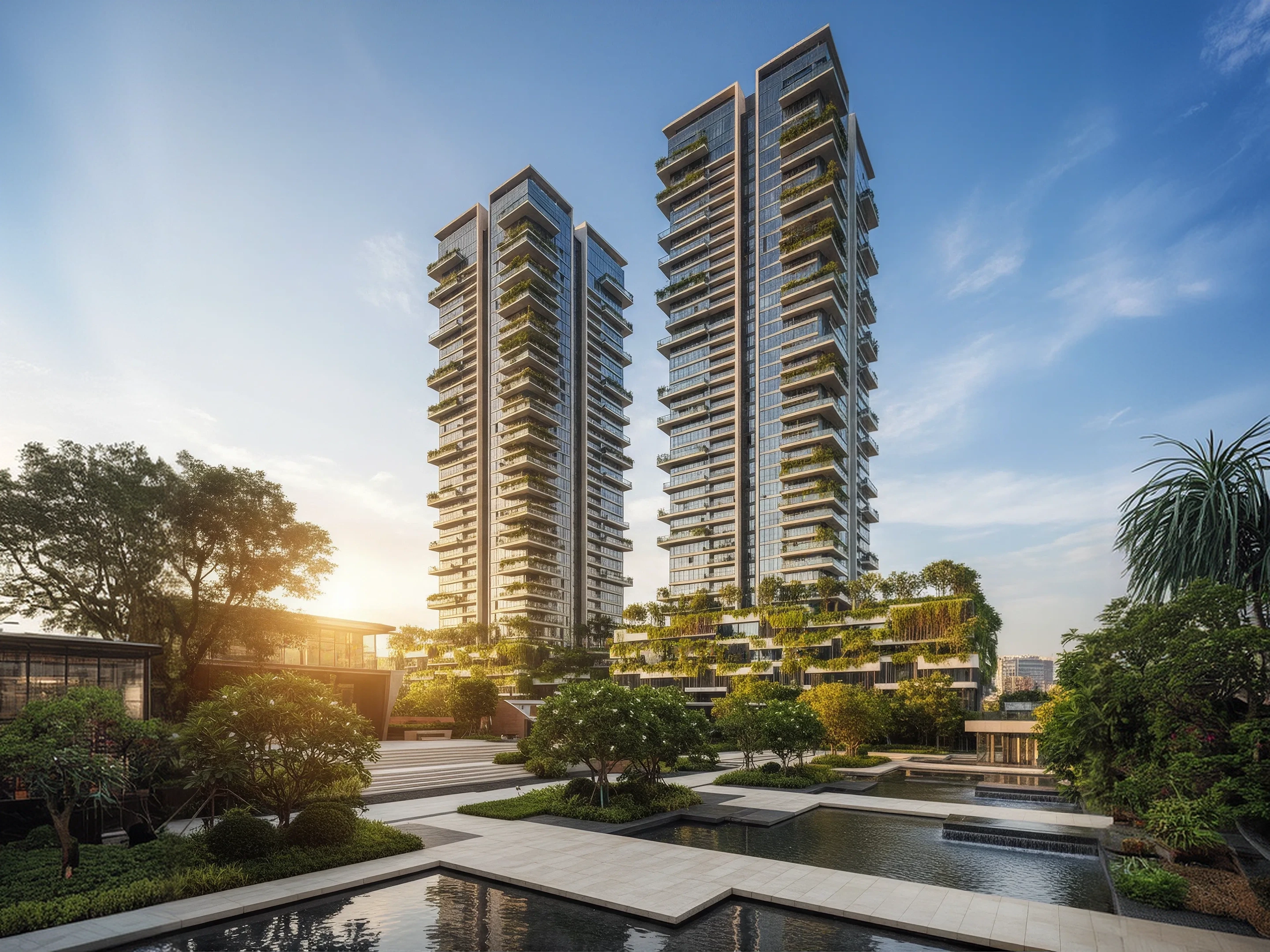 Exterior view of On Garden Residences with landscaped gardens and contemporary apartment towers.