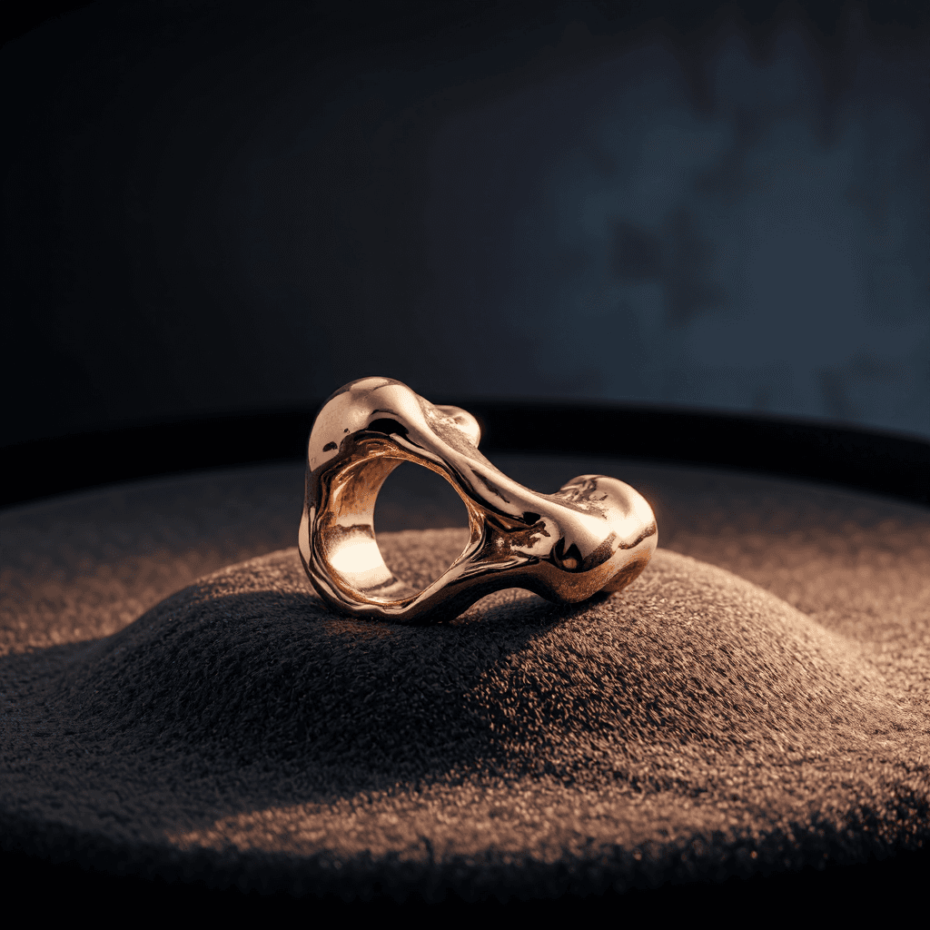 product photography of a decorative ring made of shiny metal with a unique bone-like design