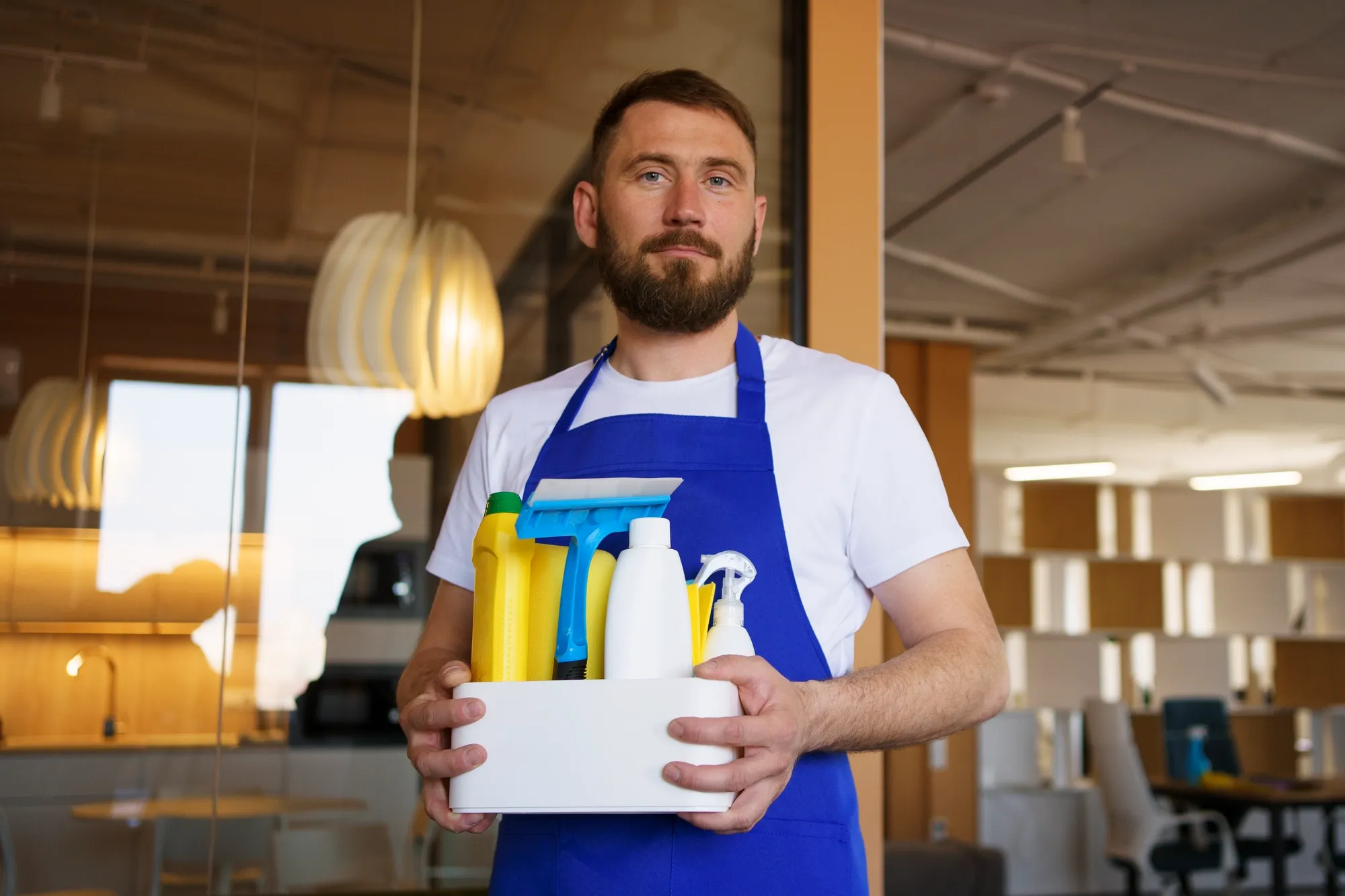 A bearded male professional cleaner in a blue apron standing in an office environment, holding a white container organized with yellow and white cleaning products and a squeegee.