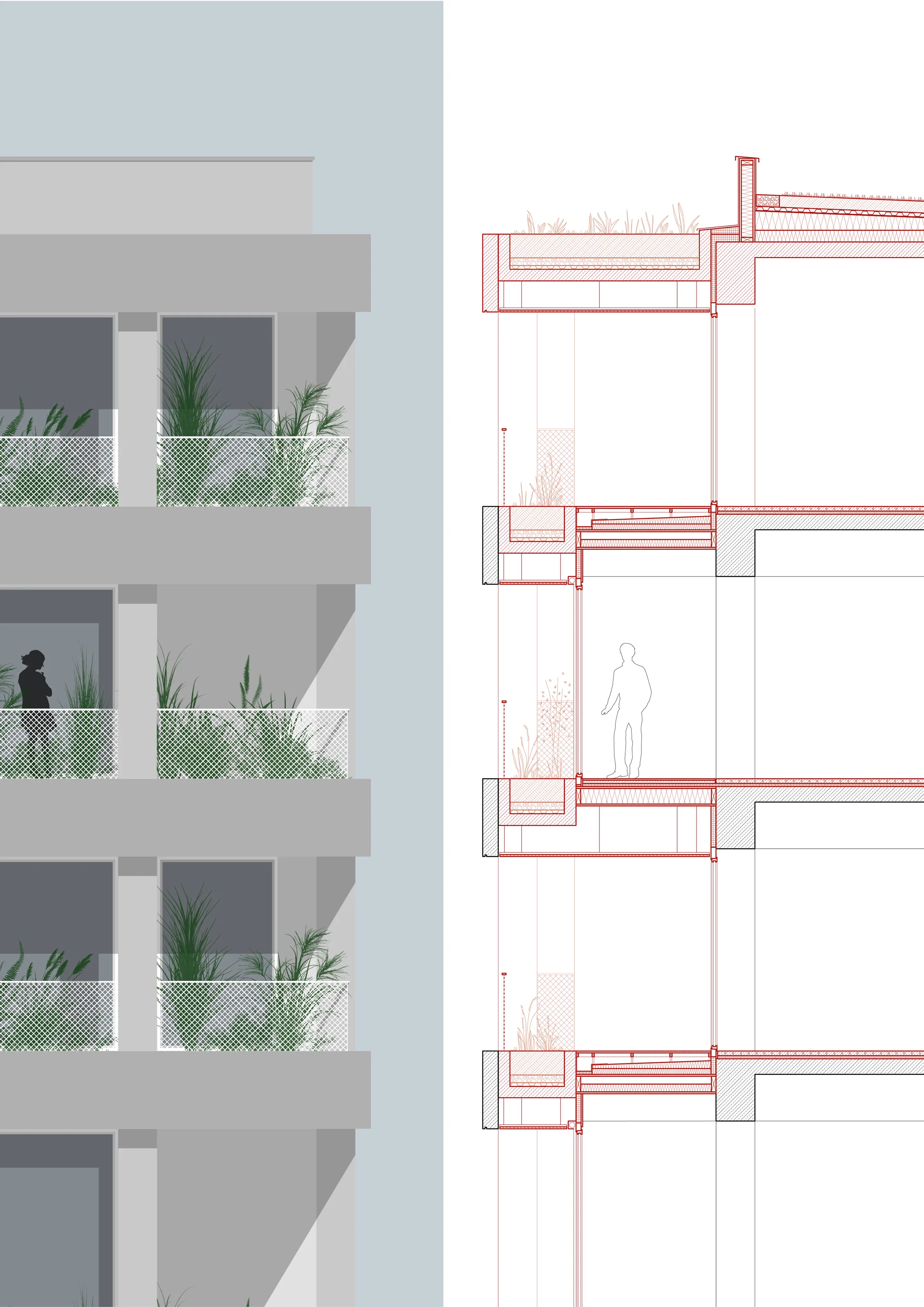 Detaildarstellung des oberen Fassadenabschlusses im Projekt Kaufhaus Müllerstraße 25 in Berlin-Wedding