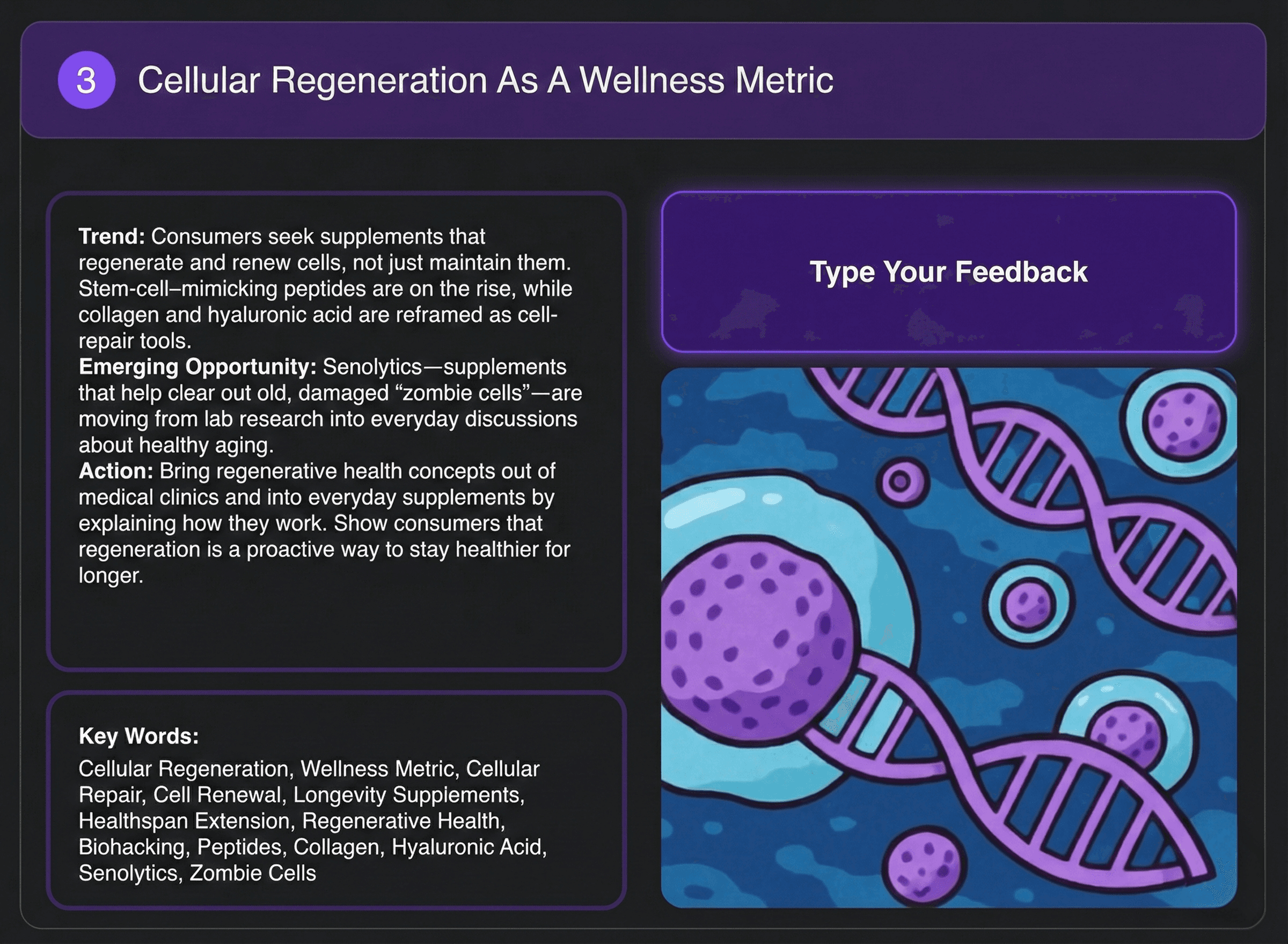 DNA & cells. AI analyzes wellness market, customer insights, competitor analysis.