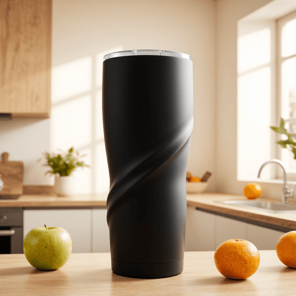 product photography of a stainless steel tumbler with a twist design, used for beverages