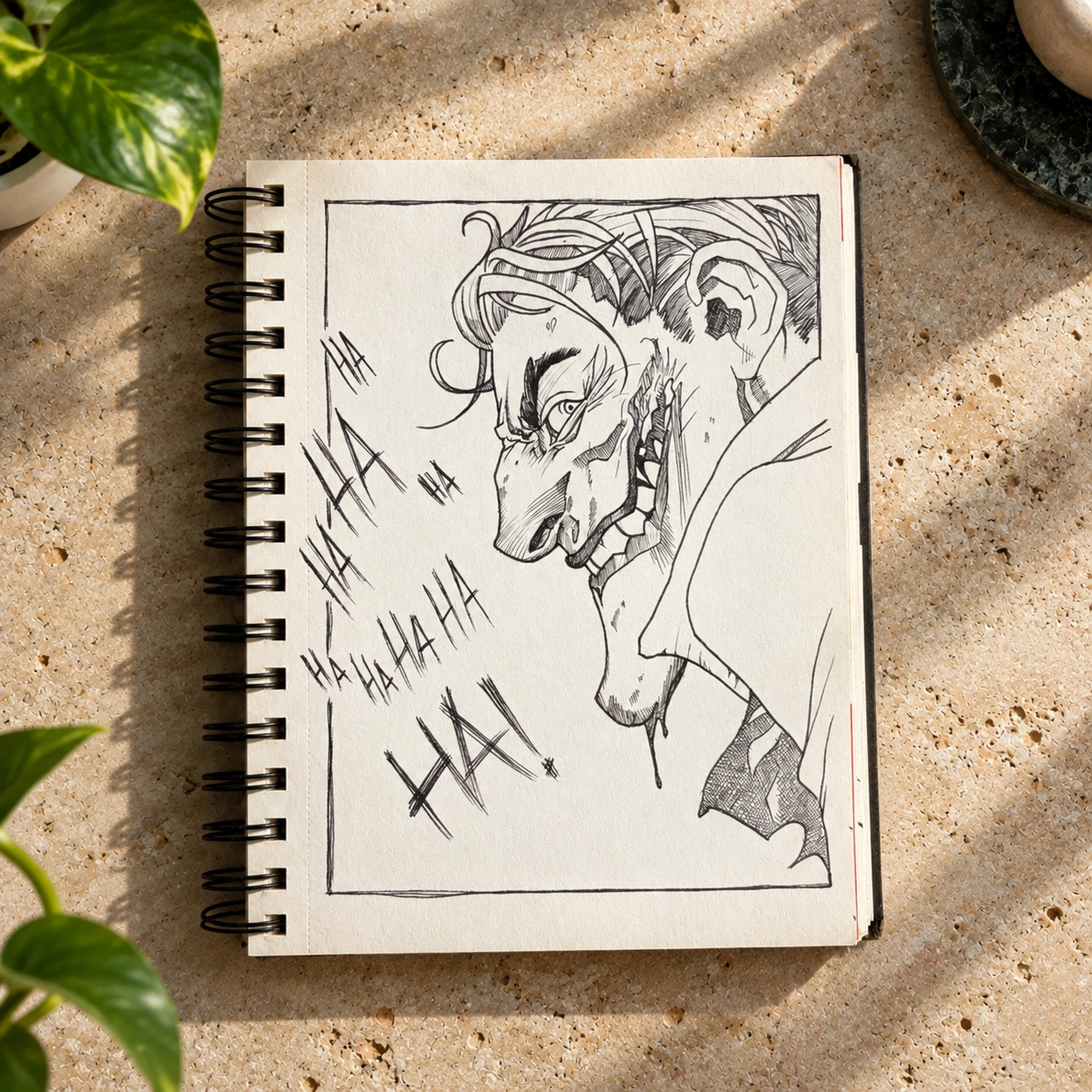 Profile drawing of a grinning Joker surrounded by handwritten laughter.
