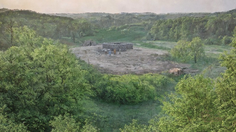 Sacred artwork by Faith and Verse. © Faith and Verse, 2026. All rights reserved. Construction of Fulda Abbey church under Abbot Rabanus Maurus, ninth century.