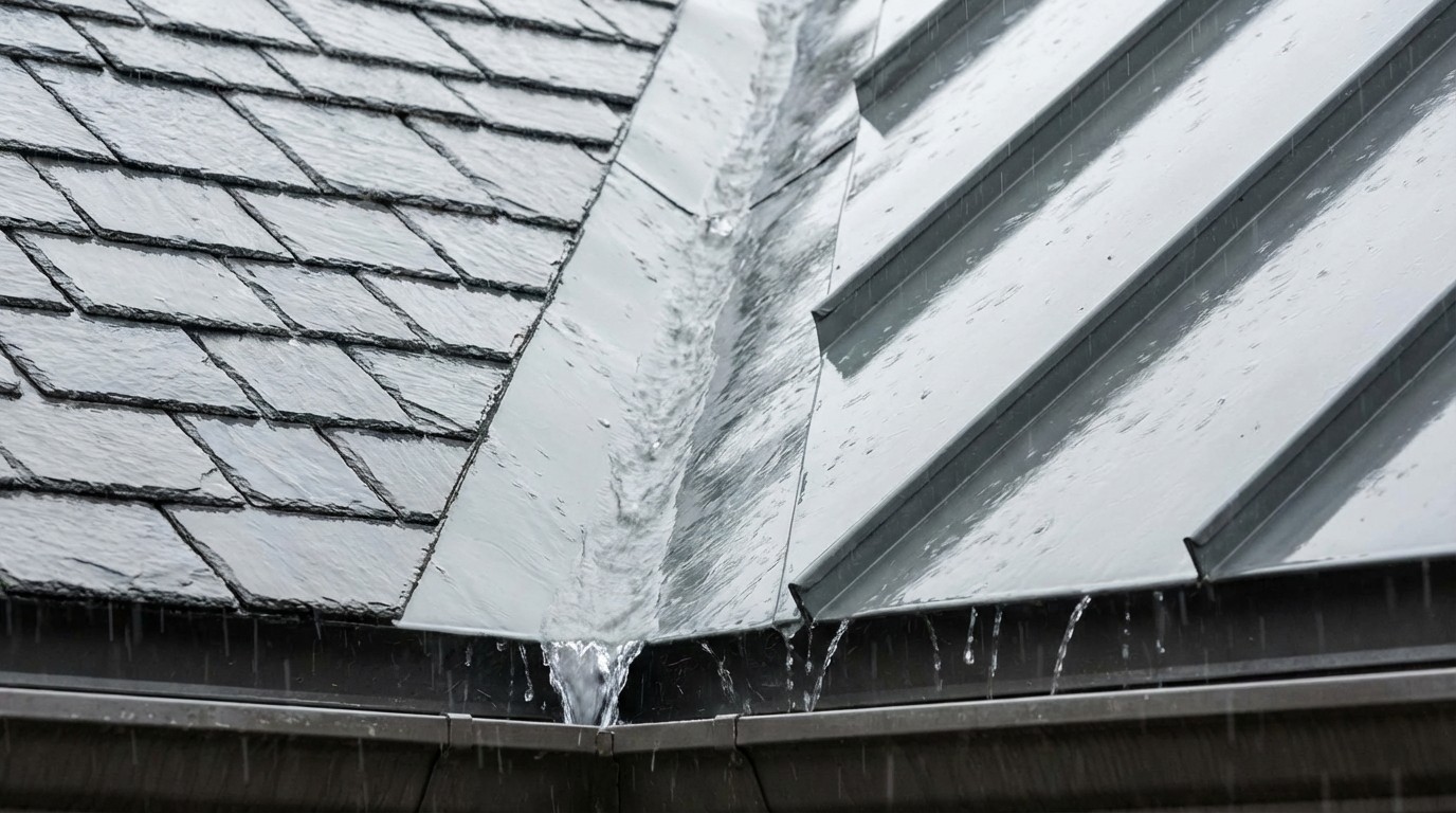 Metal roof valley flashing directing rainwater properly