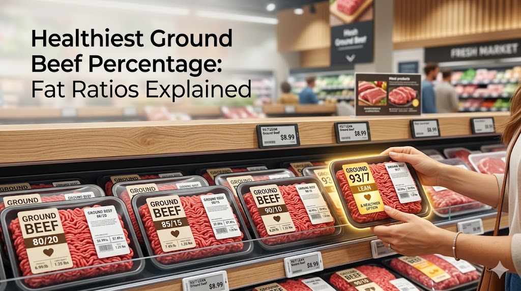 A grocery store meat section display featuring packages of ground beef labeled with various lean-to-fat percentages: 80/20, 85/15, 90/10, and 93/7. A shopper's hand is holding and comparing a 93/7 lean ground beef package. The image has the title "Healthiest Ground Beef Percentage: Fat Ratios Explained" overlaid.