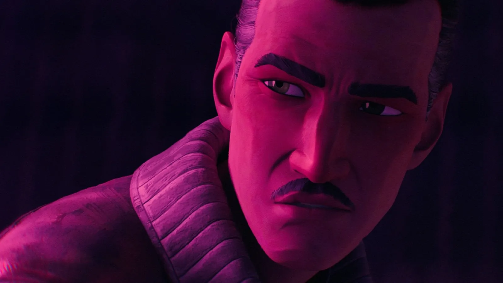 The animated character with a moustache looks intently to the side, illuminated by moody purple and pink lighting, wearing a quilted jacket that suggests a sense of intrigue and mystery.