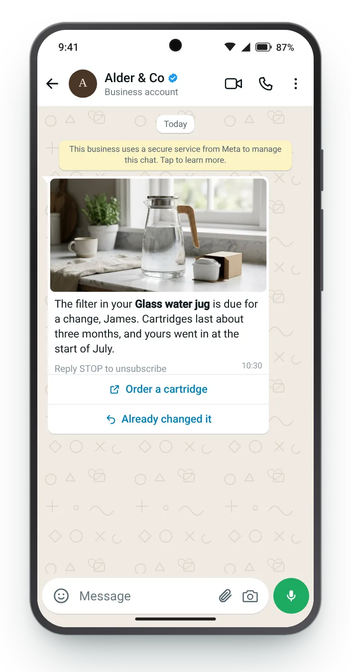 A replacement part, on schedule: WhatsApp reorder reminder on an Android phone