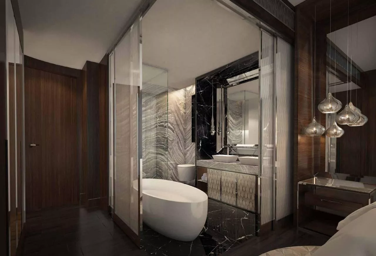 Elegant marble bathroom in Aykon City Tower C. Schedule a viewing with our real estate team for luxury interiors.