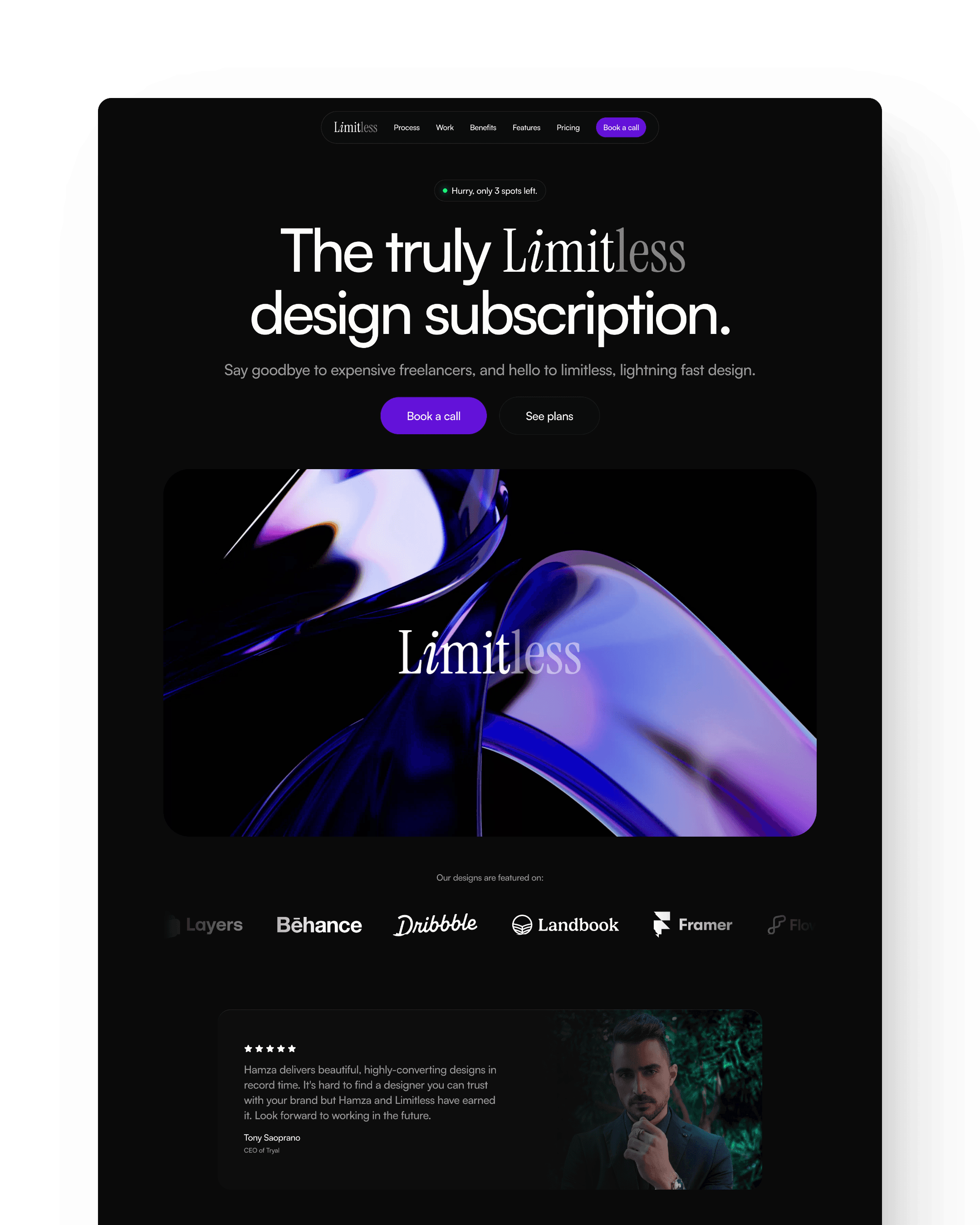 A colorful design subscription landing page featuring abstract graphics and bold text on a dark background.