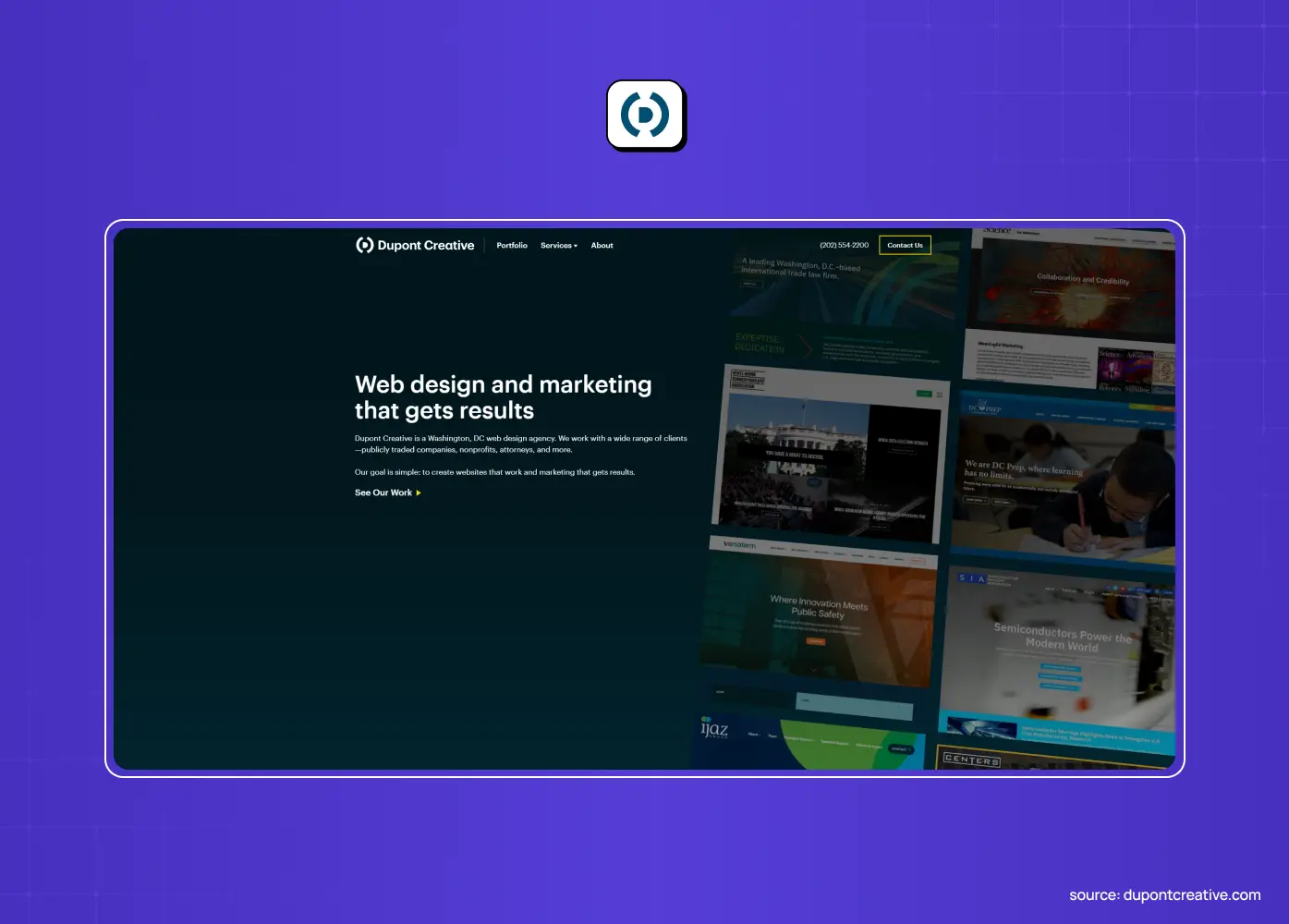 Dupont Creative website showcasing web design and marketing services with a dark teal layout and a collage of project thumbnails.