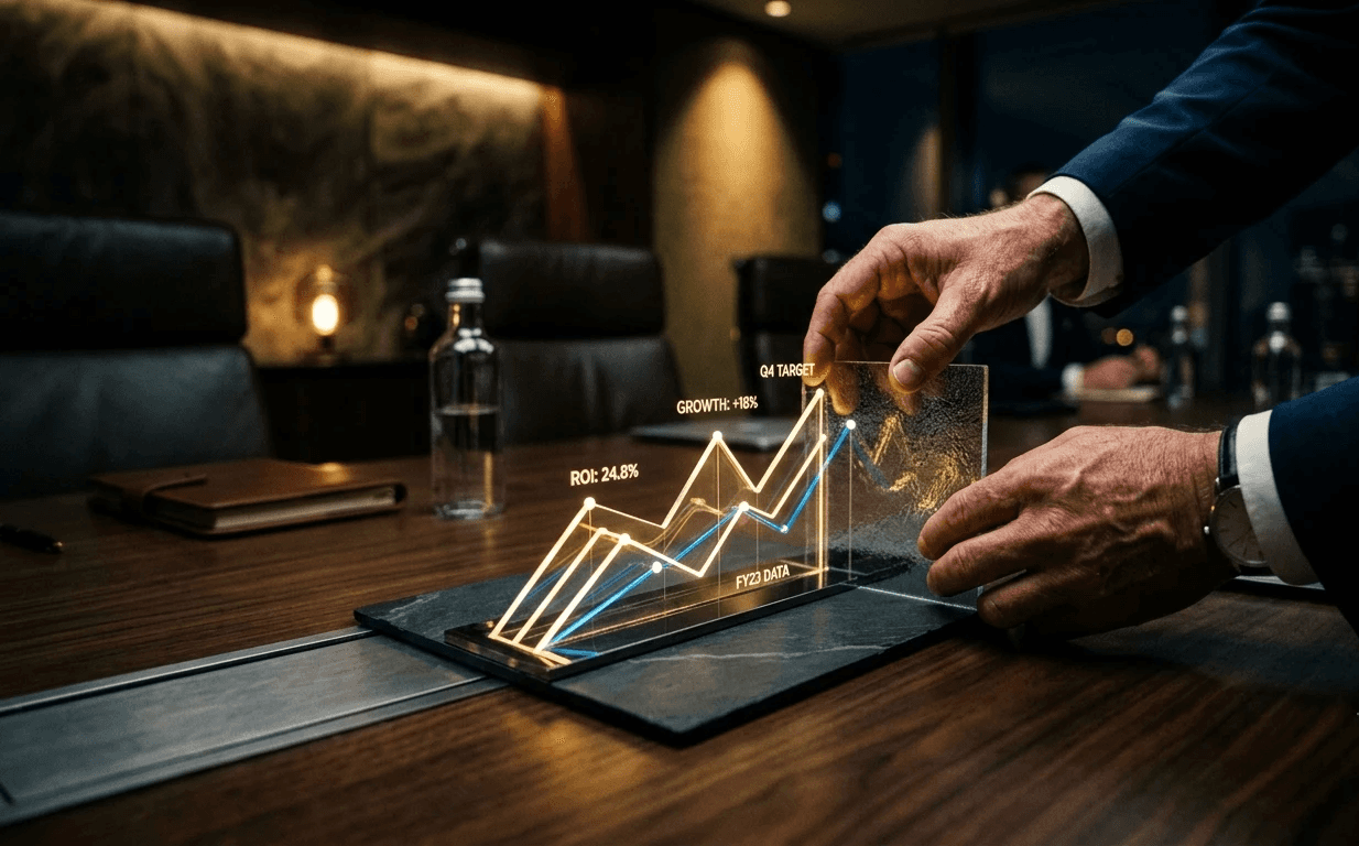 Corporate executive evaluating event ROI metrics and business performance report on a tablet.