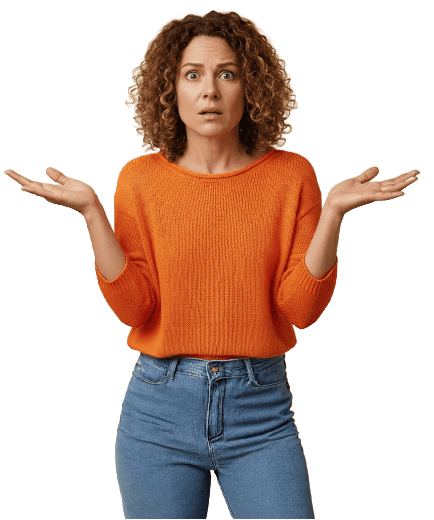 woman with curly hair with hands out representing "how"? (Background Removed) (Background Removed) (Background Removed)