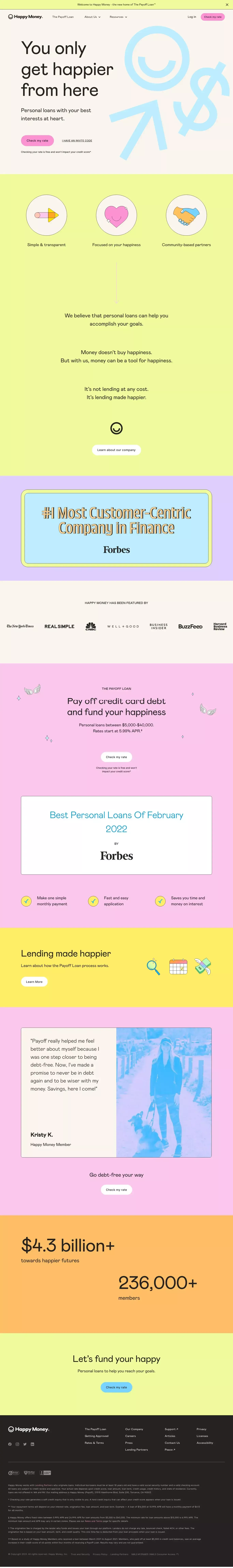 Personal Loans, Made Personal - Happy Mo landing page screenshot showcasing Finance design